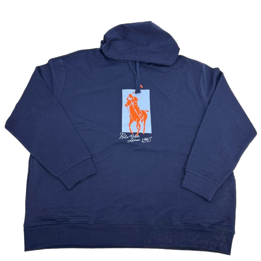 Polo Ralph Lauren Sweatshirt Men's 4XLT Blue Graphic 1967 Pony Fleece Hoodie NEW
